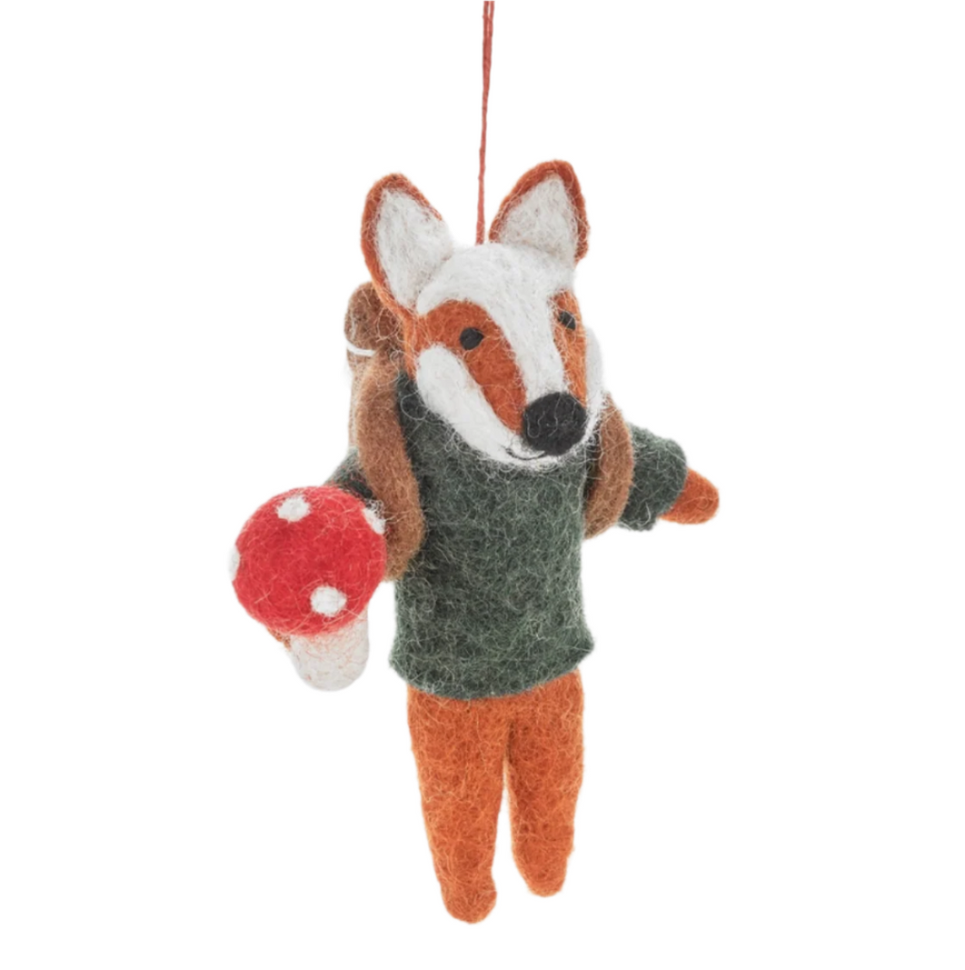 Felt Fox Foraging for Mushrooms Ornament