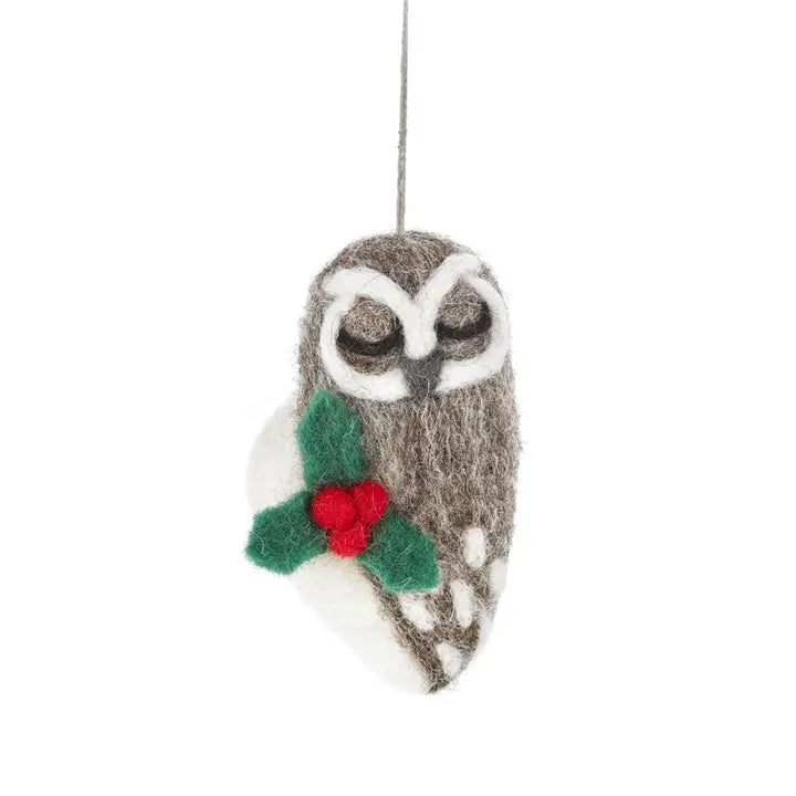 Felt Grey Owl with Holly Ornament