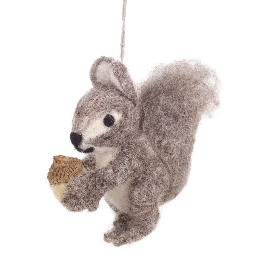 Felt Grey Squirrel with Acorn Ornament