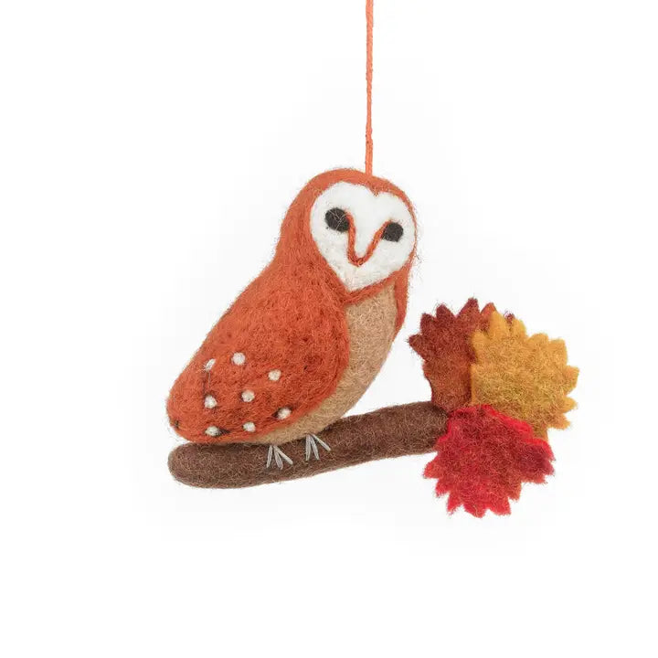 Felt Barn Owl on Branch Ornament