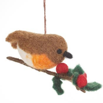 Felt Robin on Holly Branch Ornament