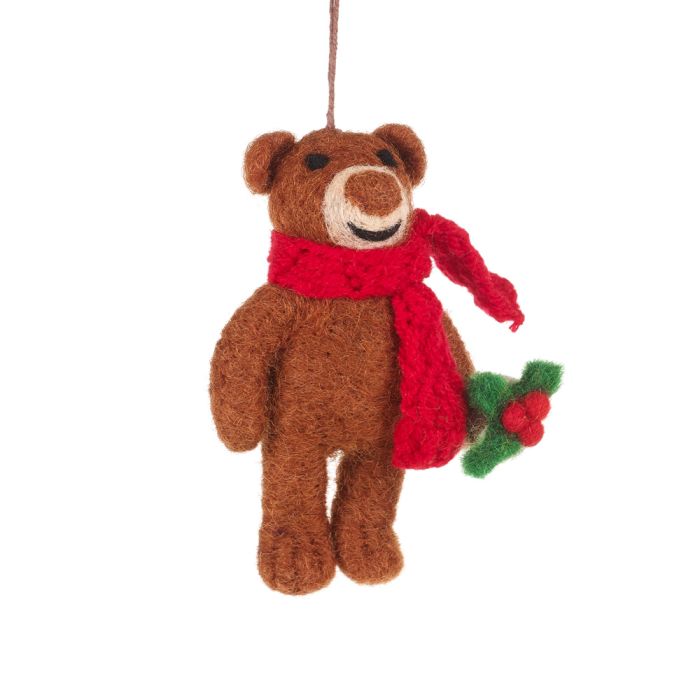 Felt Brown Bear with Red Scarf Ornament