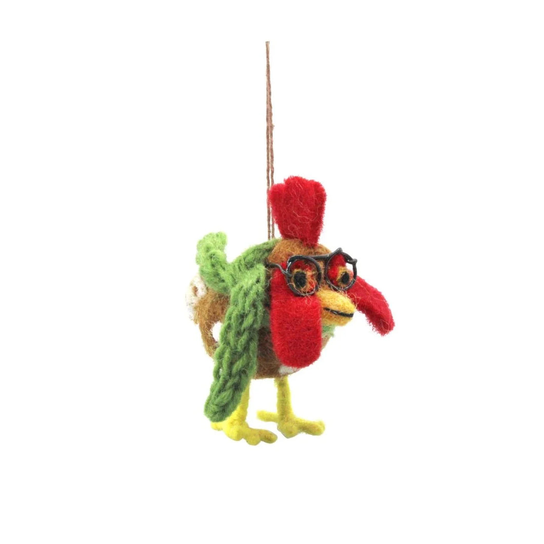 Felt Chicken with Green Scarf & Glasses Ornament
