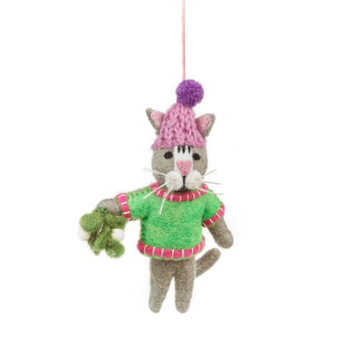 Felt Cat with Mistletoe Ornament