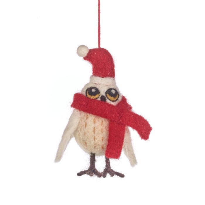 Felt Snowy Owl with Red Scarf Ornament