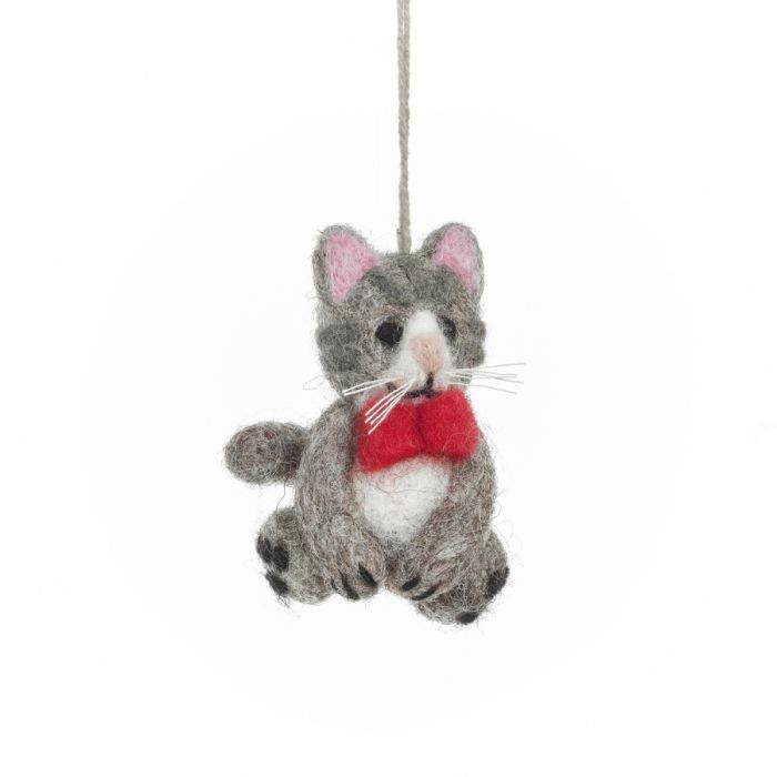 Felt Grey Cat with Bowtie Ornament