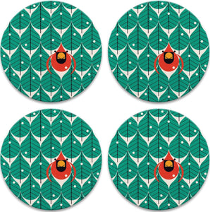 Coniferous Cardinals Stone Coaster Set with Wooden Stand