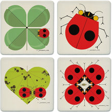 Load image into Gallery viewer, Charley Harper - Lucky Ladybug Stone Coaster Set with Wooden Stand
