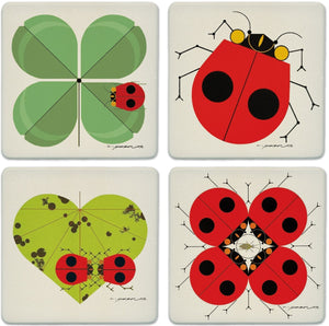 Charley Harper - Lucky Ladybug Stone Coaster Set with Wooden Stand