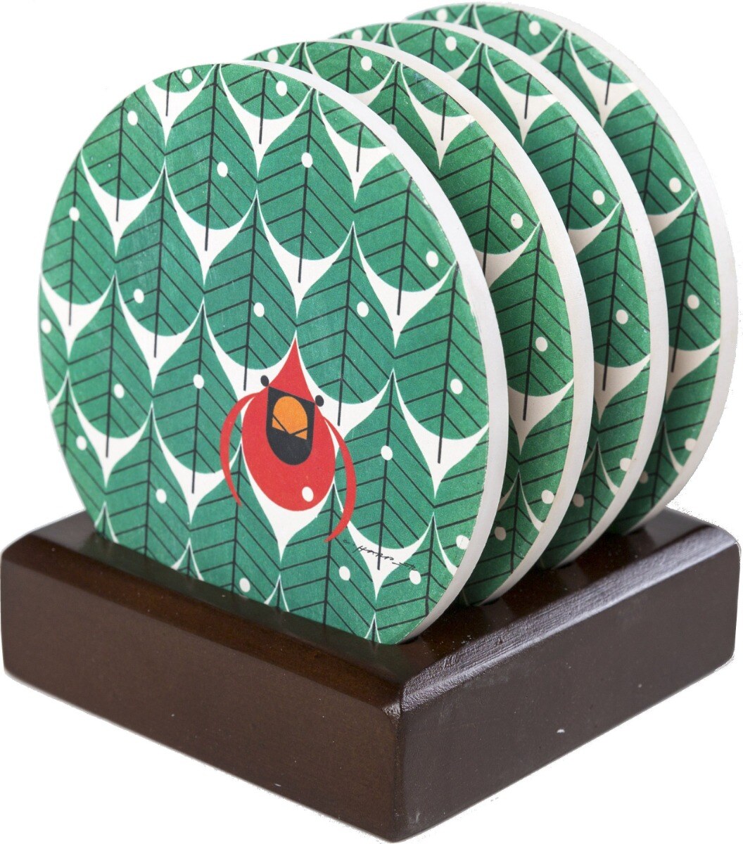Charley Harper- Coniferous Cardinals Stone Coaster Set with Wooden Stand