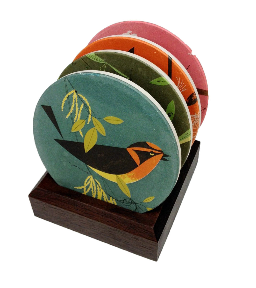 Feathered Friends Stone Coaster Set with Wooden Stand