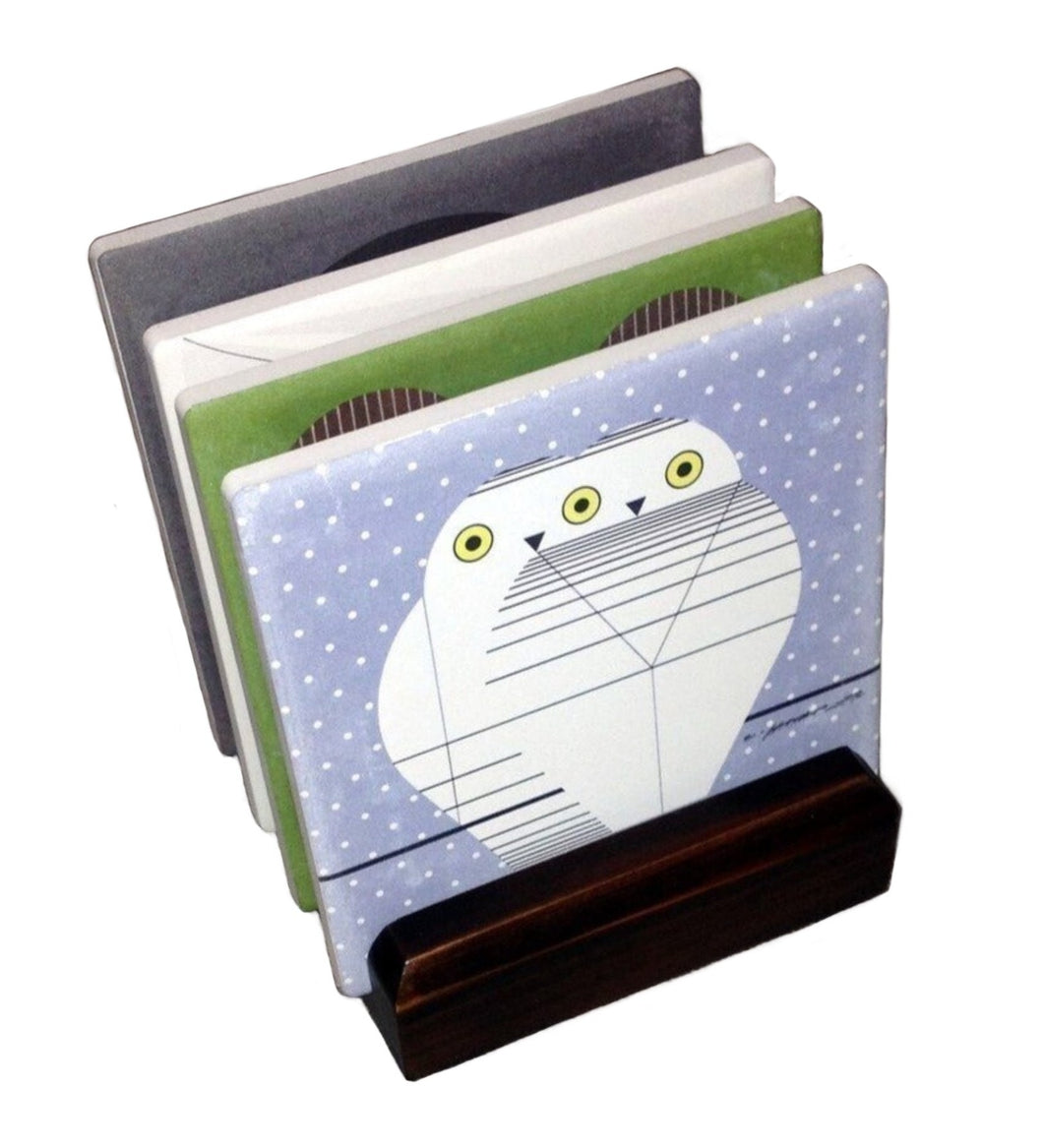 Charley Harper - Owl Pals Stone Coaster Set with Wooden Stand